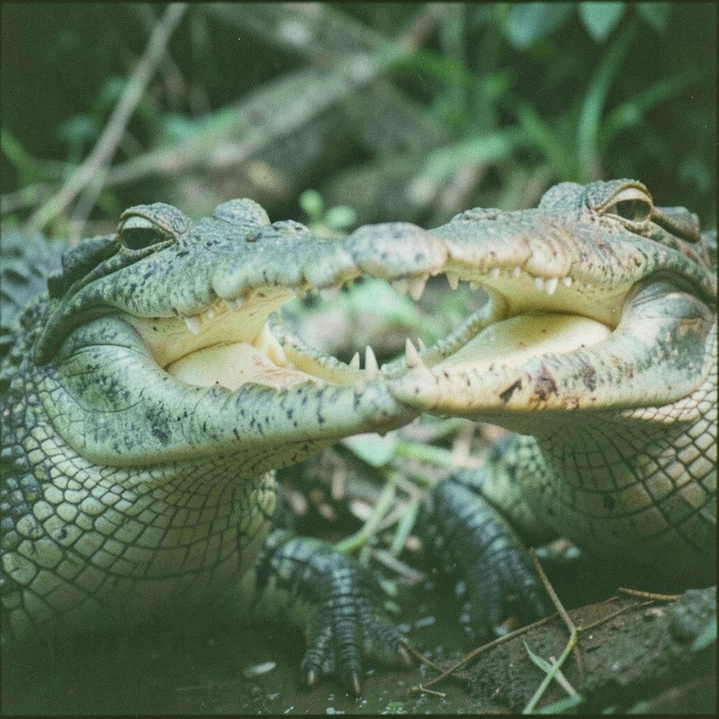 A photographer carefully framing a shot near alligator jaws, bright midday sun with crisp shadows, tense yet comedic grainy film photograph