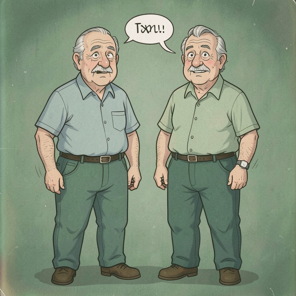 A humorous cartoon of two older gentlemen reacting to teenagers with sagging pants, warm ink lines on textured paper, lighthearted comic mood