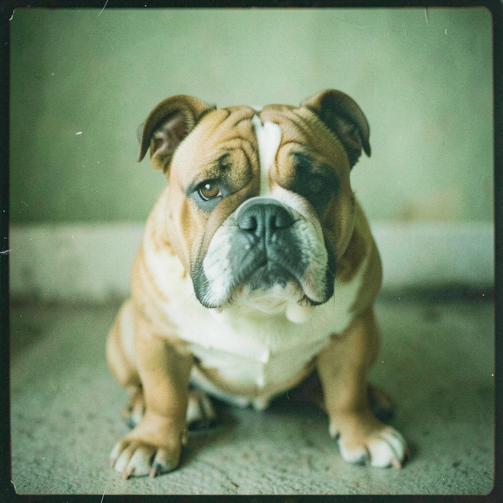 A grainy film-style photo of an English bulldog with a comically serious expression, sitting on a worn rug in warm indoor light.
