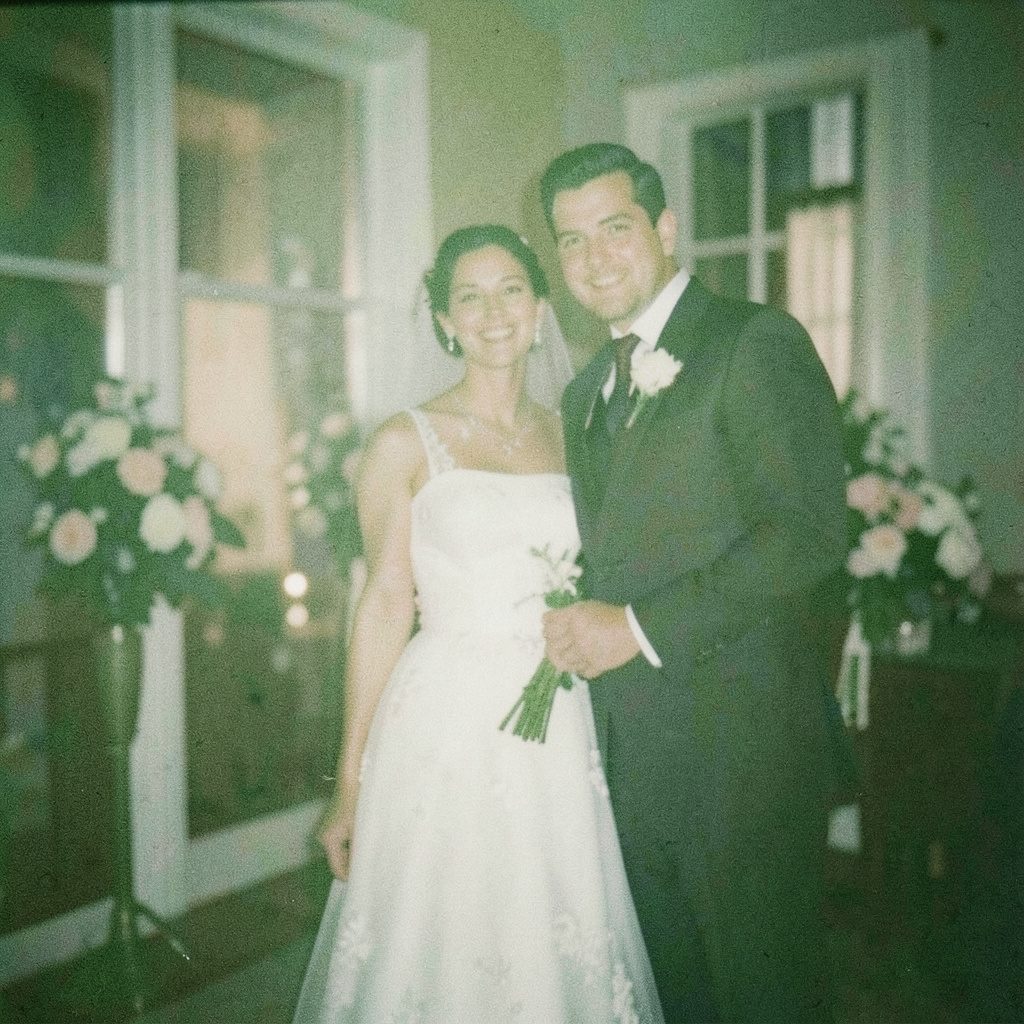 A grainy film photo of a wedding scene with a humorous twist: a bride and groom standing at the altar, the groom looking nervously at his watch while the bride gives a playful smirk, warm cream and ivory tones with soft shadows.