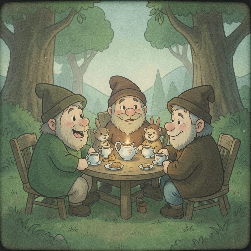 A whimsical cartoon tea party with hobbit-like characters around a tiny table, soft watercolor greens and browns, cozy storybook mood on textured paper
