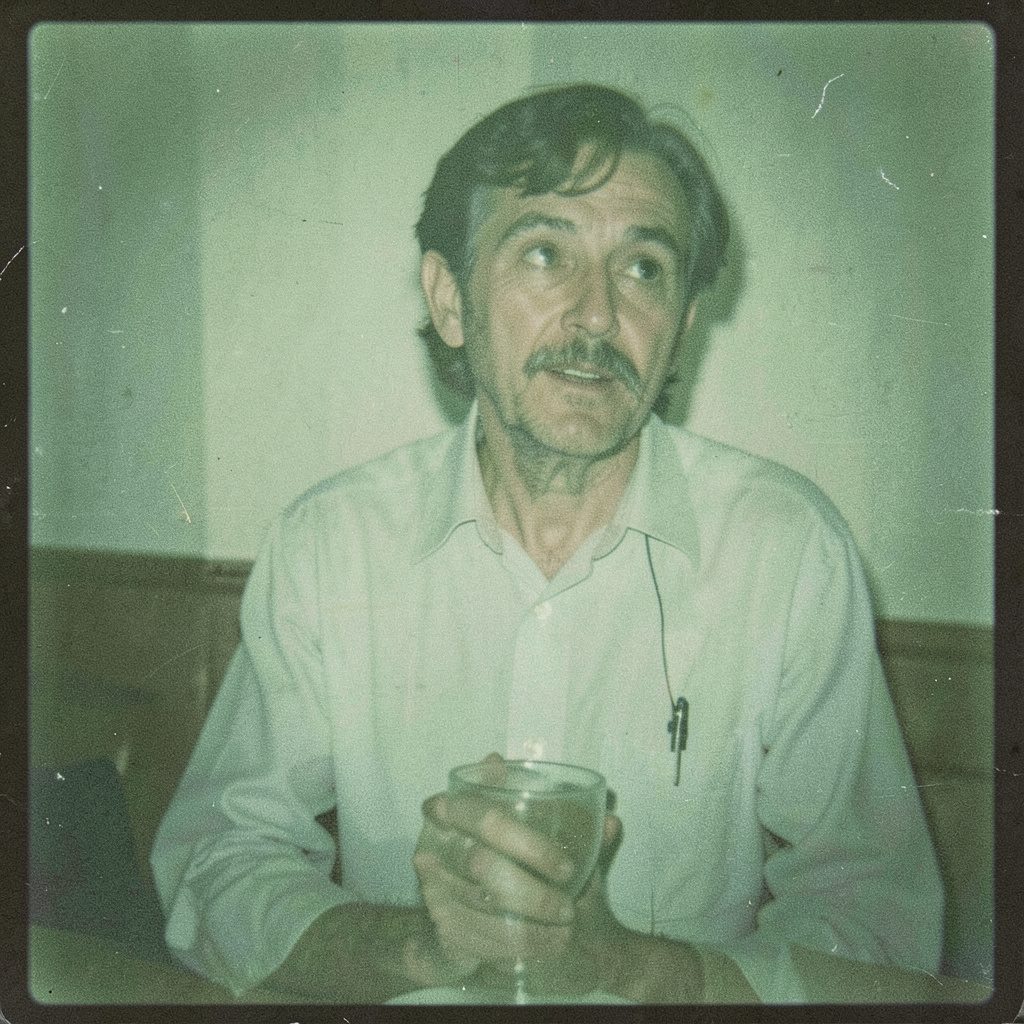 A grainy analog film photograph of a classroom with an empty teacher's desk at the front, chalkboard behind it, warm afternoon light slanting through venetian blinds, muted yellows and soft browns, quiet and slightly absurd stillness.
