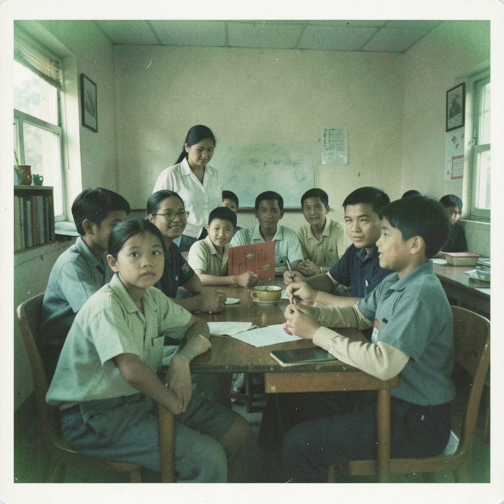 A teacher and student sharing a genuine laugh in a classroom, soft window light with chalk dust in the air, warm and candid grainy film photograph