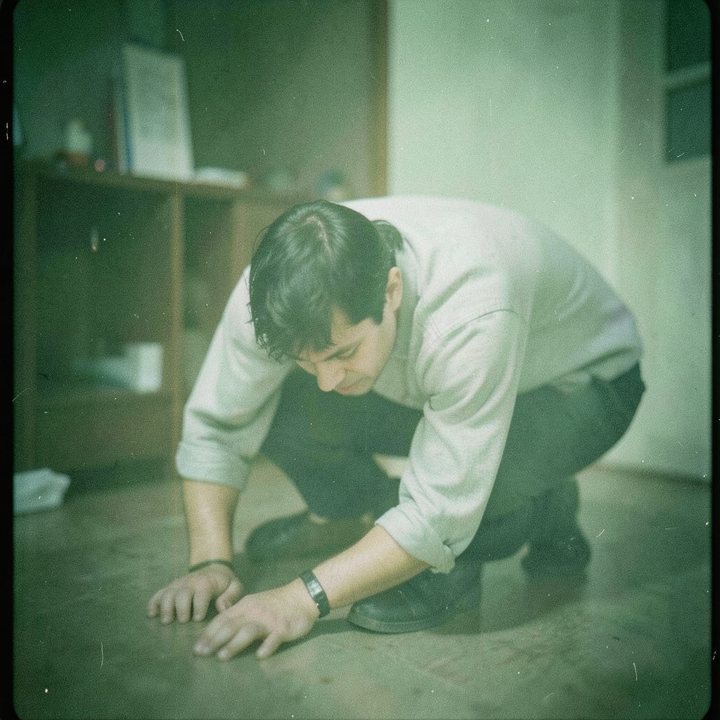 Grainy analog film photo of a heavyset person bent over in an awkward humorous pose, soft indoor lighting with warm beige and cream tones.