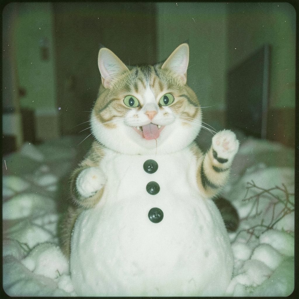 A grainy film photo of a cat with a hilariously unimpressed expression, sitting beside a lopsided snowman in a snowy backyard.