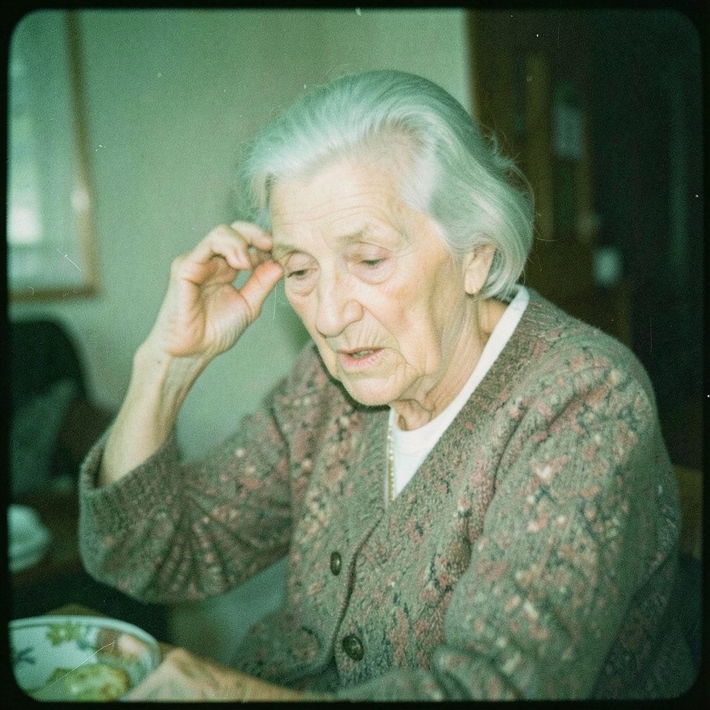 Grainy analog film photo of a heavyset older woman being teased in a lighthearted domestic scene, soft warm tones and gentle shadows.