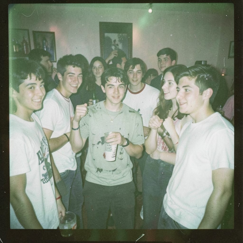 A lively gathering of teenagers laughing together at a casual party, warm indoor lighting with soft amber and cream tones, candid joyful mood on grainy film