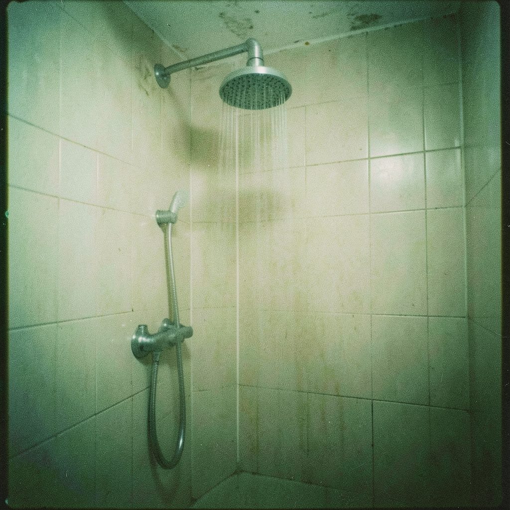 A grainy analog film photograph of a heavyset figure in a makeshift towel wrap striking a comedic sumo pose in a tiled bathroom, warm beige and off-white tones with soft shadows.